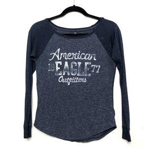 American Eagle Outfitters Blue Favorite T Long Sleeve Top | Glitter Sleeve shirt